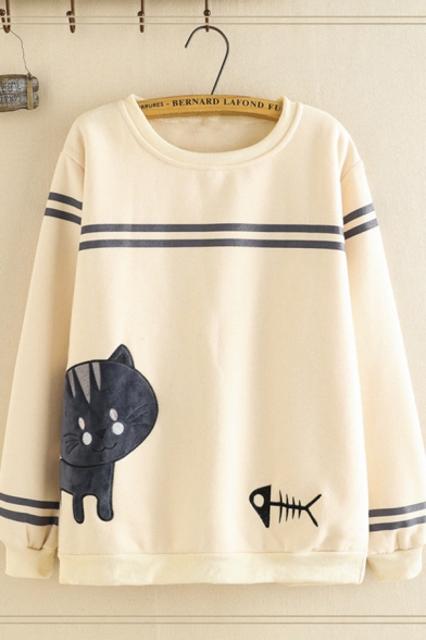 Preppy Girls' Long Sleeve Round Neck Cat Fishbone Printed Varsity Stripe Sherpa Liner Loose Pullover Sweatshirt