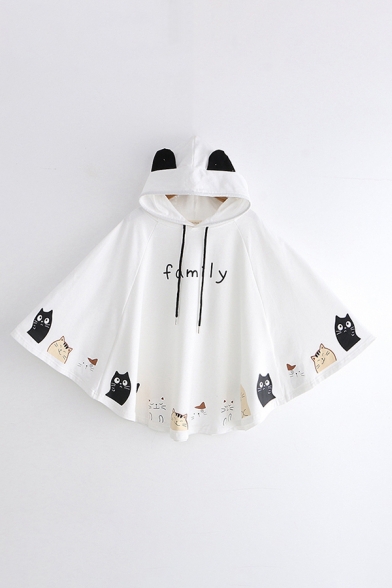 Preppy Girls' Lovely Bell Sleeves Drawstring Cat Patterned Oversize Cat Ears Hoodie Cape
