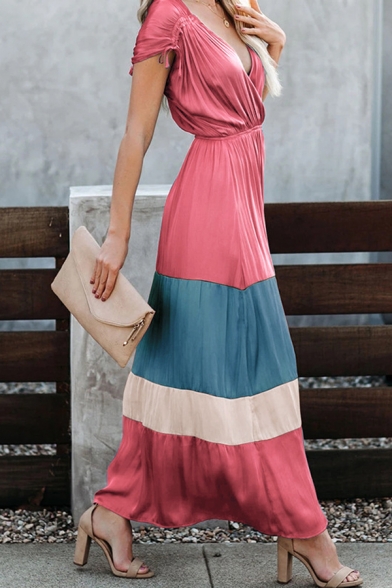 Pretty Nice Women's Short Sleeve Surplice Neck Colorblocked Striped Drawstring Ruched Maxi Flowy Dress