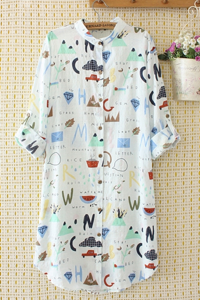 Pretty Stylish Girls Long Sleeve Stand Collar Button Down All Over Letter Cartoon Printed Curved Hem Long Oversize Shirt