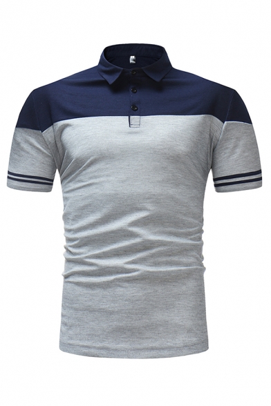 Simple Classic Short Sleeve Lapel Collar Button Up Striped Color Block Slim Fitted Polo Shirt for Guys