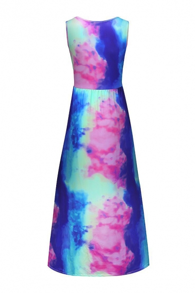 Special Occasion Ladies' Sleeveless Round Neck Tie Dye Maxi A-Line Dressing Gown in Blue
