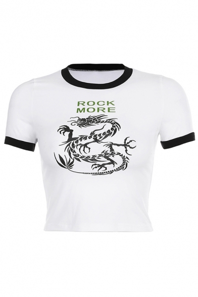 Streetwear White Short Sleeve Crew Neck Letter ROCK MORE Dragon Graphic Slim Fit Crop T-Shirt for Girls