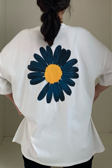 Stylish Girls' Short Sleeve Crew Neck Letter PEACEMINUSON Sunflower Printed Longline Oversize Tee Top