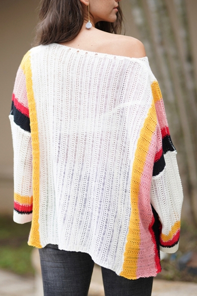 Amazing Street Girls Bell Sleeve Round Neck Knitted Stripe Patterned Oversize Sweater Top in White