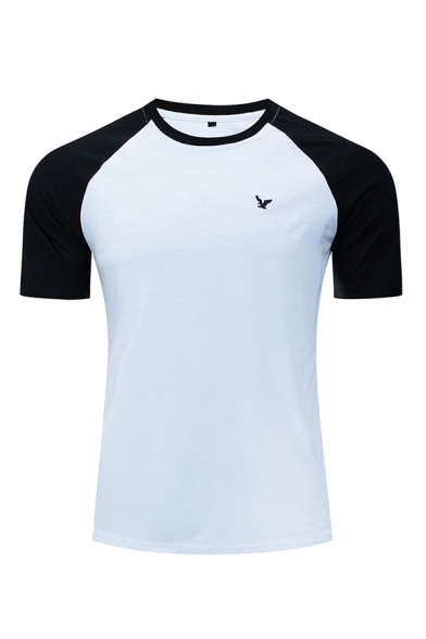 Casual Guys Short Sleeve Round Neck Bird Logo Pattern Color Block Slim Fitted T Shirt in White