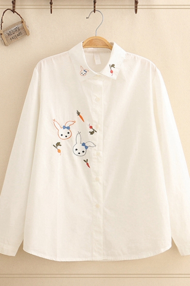 Chic Preppy Girls' Long Sleeve Button Down Rabbit Embroidered Loose Fit Shirt in White