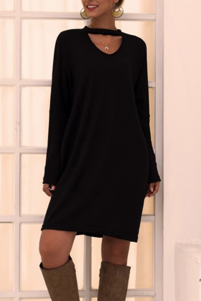 Cool Chic Black Long Sleeve Crew Neck Cut Out Mini Shift Formal Dress for Ladies