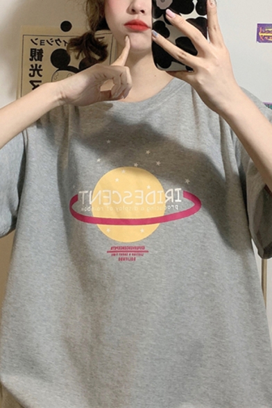 Cool Fashion Women's Short Sleeve Crew Neck Planet Graphic Oversize T Shirt