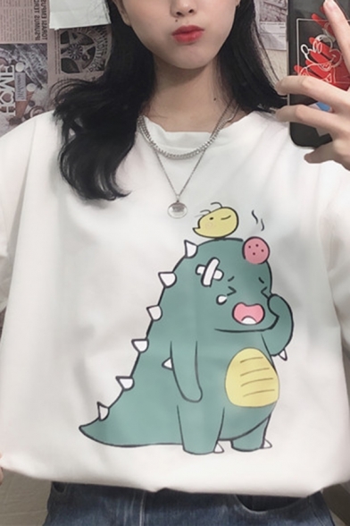 Cute Girls' Short Sleeve Crew Neck Funny Dinosaur Relaxed Fit Tee