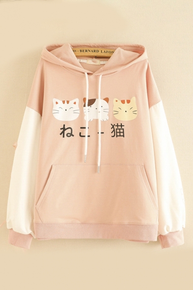 Cute Trendy Women's Long Sleeve Drawstring Cats Japanese Letter Graphic Lace Up Patched Pouch Pocket Hoodie