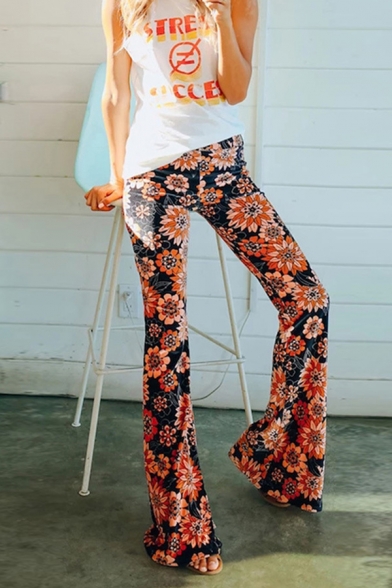 

Designer Amazing Black High Rise All Over Floral Printed Long Length Flared Trousers for Girls, LM595118