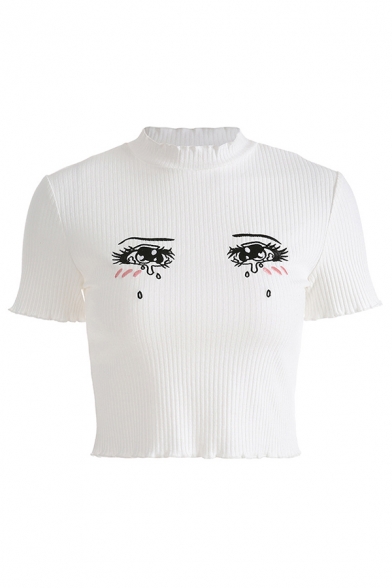 Edgy Girls Short Sleeve Crew Neck Cartoon Crying Eyes Print Stringy Selvedge Knit Fitted Crop T Shirt in White