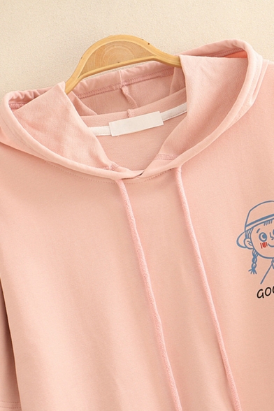 Fake Two-Piece Long Sleeve Drawstring Checker Printed Patched Cartoon Girl Letter GOOD LUCK Graphic Relaxed Hoodie for Girls