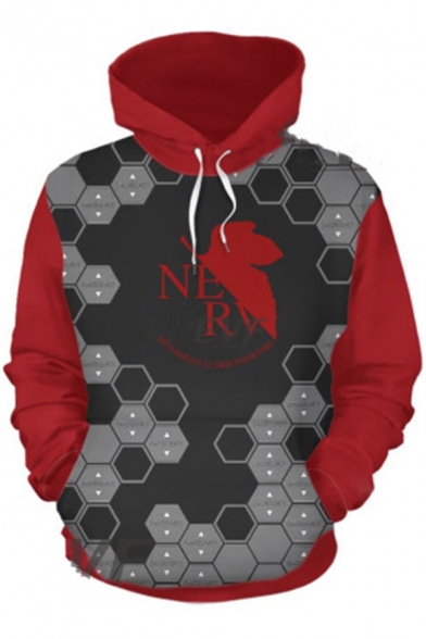 Fashion Guys Long Sleeve Drawstring NERV Letter Geometric Pattern Colorblocked Pouch Pocket Loose Hoodie in Red