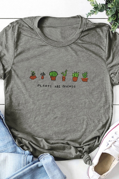 Fashionable Womens Roll Up Sleeve Round Neck Letter PLANTS ARE FRIENDS Plant Graphic Loose Fit T-Shirt