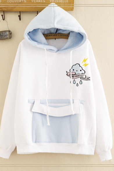 Funny Cute Girls' Long Sleeve Drawstring Cartoon Cloud Letter Embroidery Pouch Pocket Color Block Loose Hoodie