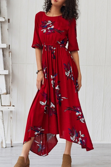 Gorgeous Ladies' Three-Quarter Sleeves Round Neck All Over Floral Print Maxi Pleated Flowy Dress in Burgundy
