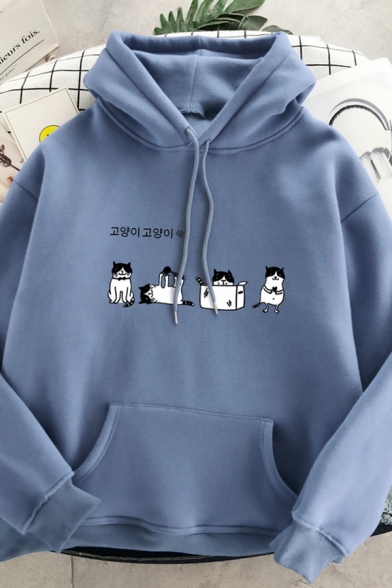 Kpop Long Sleeve Drawstring Korean Letter Cat Graphic Pouch Pocket Relaxed Hoodie for Girls