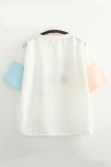 Lovely Girls Short Sleeve Round Neck Cute Cartoon Pattern Color Block Loose T Shirt
