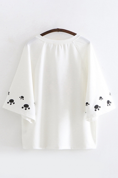 Lovely Girls Three-Quarter Sleeve Round Neck Cat Footprint Print Letter ZZIBA Relaxed Graphic T-Shirt