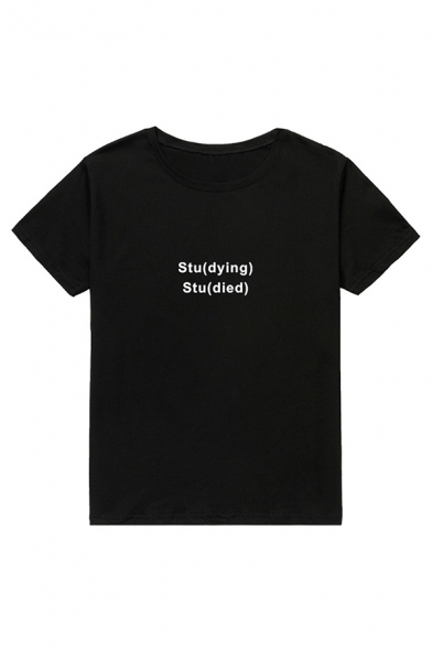 Popular Girls Short Sleeve Round Neck Letter STUDYING STUDIED Print Slim Fit Tee Top