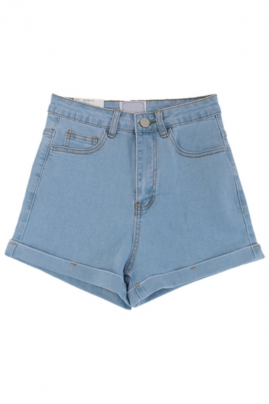 Popular Simple Solid Color High Waist Rolled Edge Fitted Denim Shorts for Women