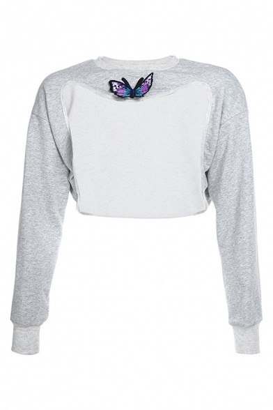 Popular Womens Long Sleeve Crew Neck Butterfly Embroidery Asymmetric Hem Relaxed Pullover Sweatshirt in Gray