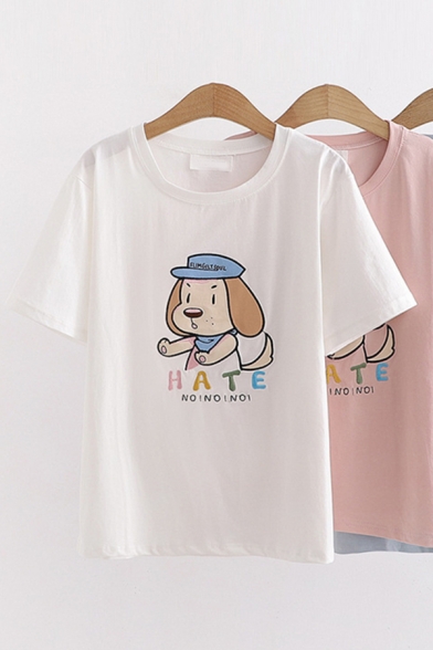 Popular Womens Short Sleeve Round Neck Letter HATE Dog Graphic Loose Fit T Shirt