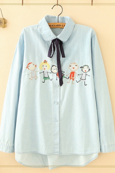 Preppy Girls Long Sleeve Lapel Collar Button Down Bow Tie Neck Cartoon Kids Embroidered Relaxed Shirt
