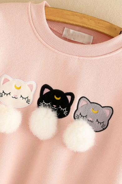Simple Girls' Long Sleeve Crew Neck Cat Embroidered Pom Pom Loose Fit Sweatshirt Top