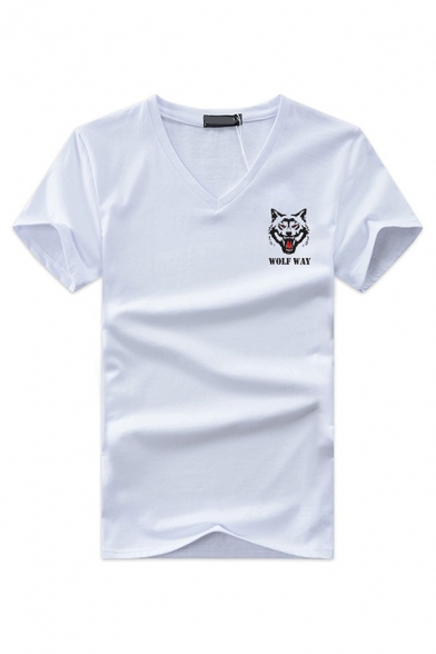 Simple Men's Short Sleeve V-Neck Letter WOLF WAY Wolf Graphic Fitted T Shirt