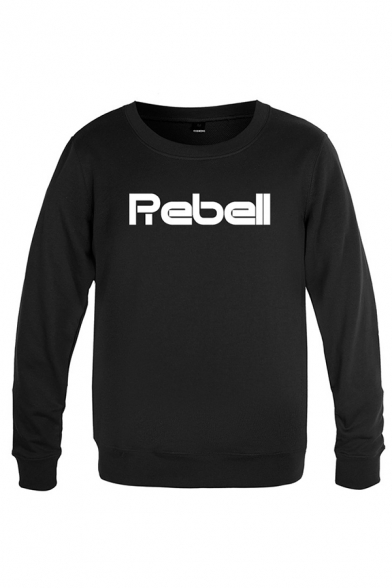 Simple Mens Long Sleeve Round Neck Letter REBELL Printed Relaxed Fitted Pullover Sweatshirt