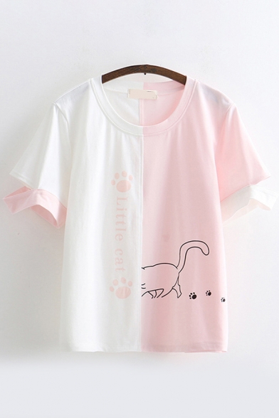 Streetwear Fashion Girls Short Sleeve Round Neck Cat Paw Printed Letter LITTLE CAT Graphic Cut Out Color Block Loose Tee Top