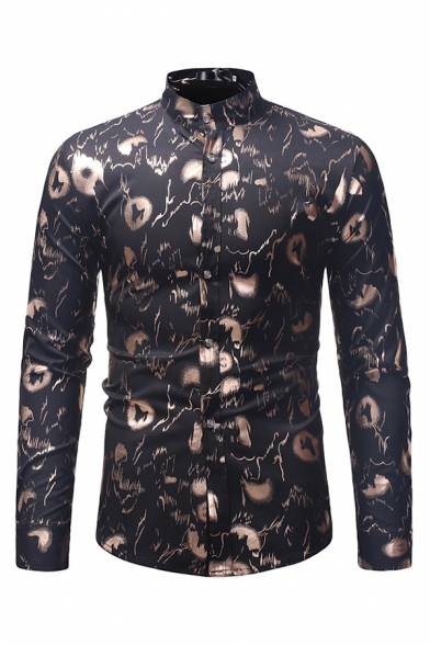 Stylish Mens Long Sleeve Stand Collar Button Down All Over Floral Printed Bronzing Slim Fit Shirt
