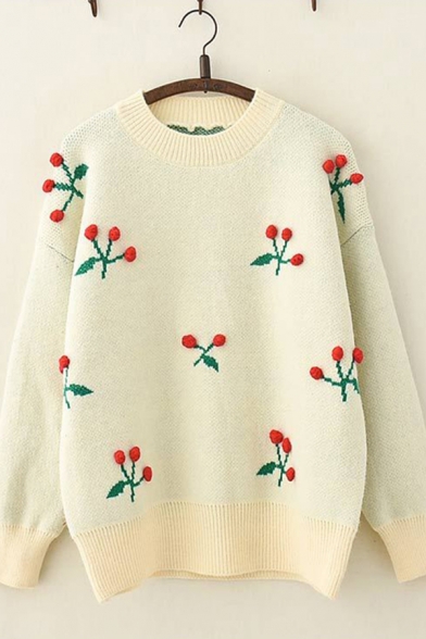 Unique Lovely Girls Long Sleeve Crew Neck Floral Pattern Pom Pom Knit Loose Sweater