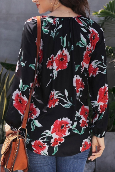 Women's Leisure Long Sleeve V-Neck All Over Floral Printed Drawstring Loose Fit Shirt