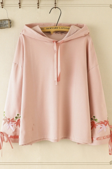 Women's Trendy Long Sleeve Drawstring Floral Embroidery Tied Loose Fit Hoodie