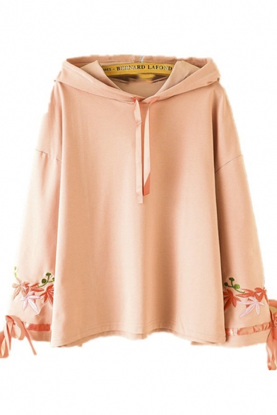 Women's Trendy Long Sleeve Drawstring Floral Embroidery Tied Loose Fit Hoodie