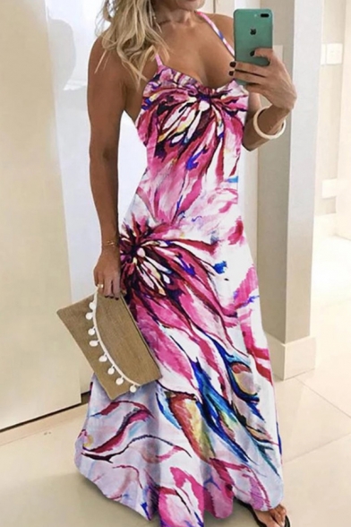 Amazing Ladies' Sleeveless Abstract Pattern Colorblock Maxi Flowy Cami Dress