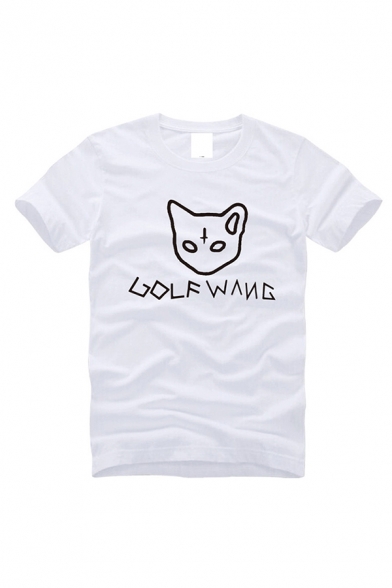 Basic Mens Short Sleeve Crew Neck Cat Printed Letter GOLF WANG Slim Fit T-Shirt