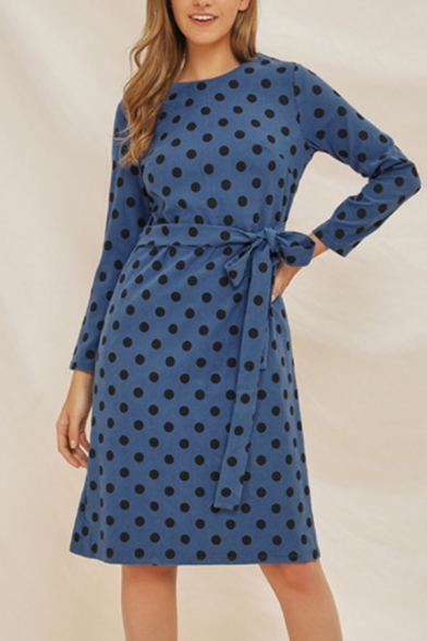 Blue Fancy Long Sleeve Round Neck Bow Tie Waist Polka Dot Printed Mid A-Line Dress for Ladies