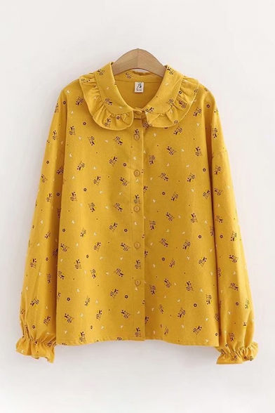 Casual Girls Long Sleeve Peter Pan Collar Button Down All-Over Cartoon Bee Printed Relaxed Fit Shirt