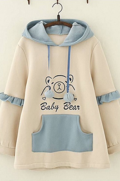 

Casual Girls Long Sleeve Pom Pom Drawstring Bear Letter BABY BEAR Color Block Pouch Pocket Loose Hoodie in Blue, LM599848