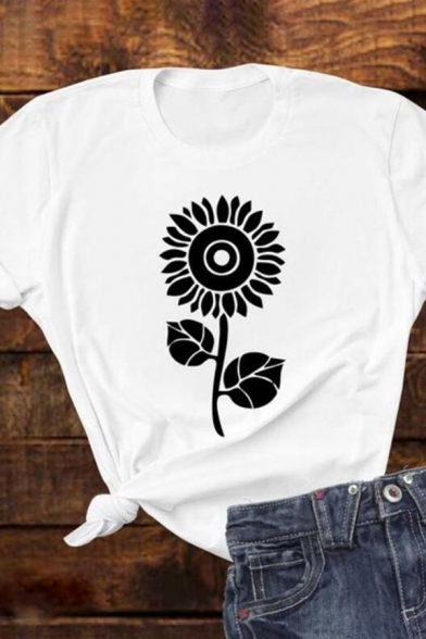 Casual Simple Girls Short Sleeve Crew Neck Floral Printed Fitted Tee Top