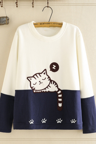 Causal Womens Long Sleeve Crew Neck Cat Footprint Embroidery Colorblock Relaxed Fit Sweatshirt