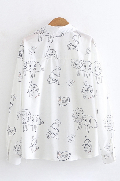 Chic Street Girls Long Sleeve Lapel Neck Button Down All Over Comic Animals Pattern Relaxed Fit Shirt in White