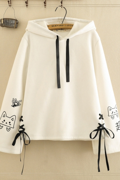 Chic Stylish Ladies' Long Sleeve Drawstring Lace Up Cat Printed Relaxed Fit Hoodie