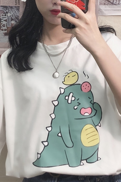 Cute Girls' Short Sleeve Crew Neck Funny Dinosaur Relaxed Fit Tee