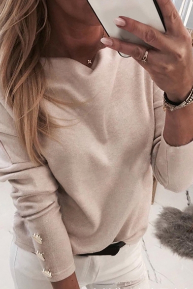 Edgy Girls' Plain Long Sleeve Off the Shouler Button Detail Relaxed Fit T Shirt